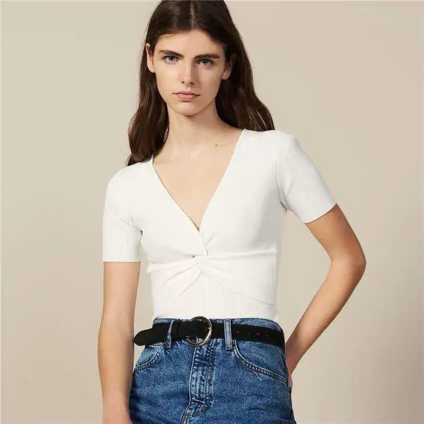 

2019 fall new short sleeve knitted folded V neck slim white crop top T-shirt