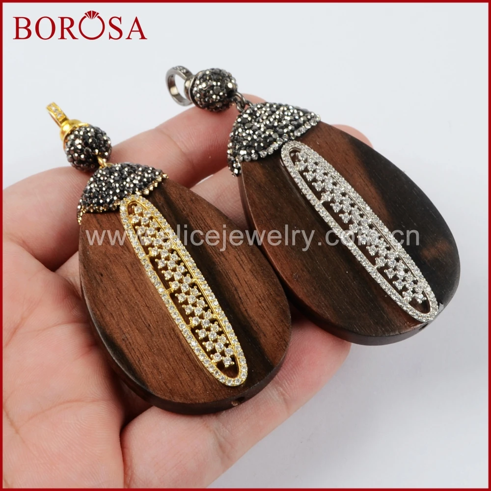 BOROSA Crystal Rhinestone Pave Pure Silver Color Sander Wood Drop Pendant Drusy Bead Fashion Jewelry JAB768 | Украшения и
