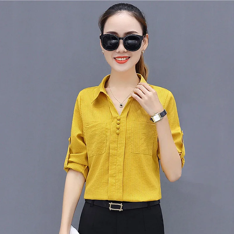 Офисная Рабочая одежда OL женские весенние летние стильные шифоновые Женские Блузки Рубашки повседневные полосатые Блузы с длинным рукавом Топы DF1884 - Цвет: yellow