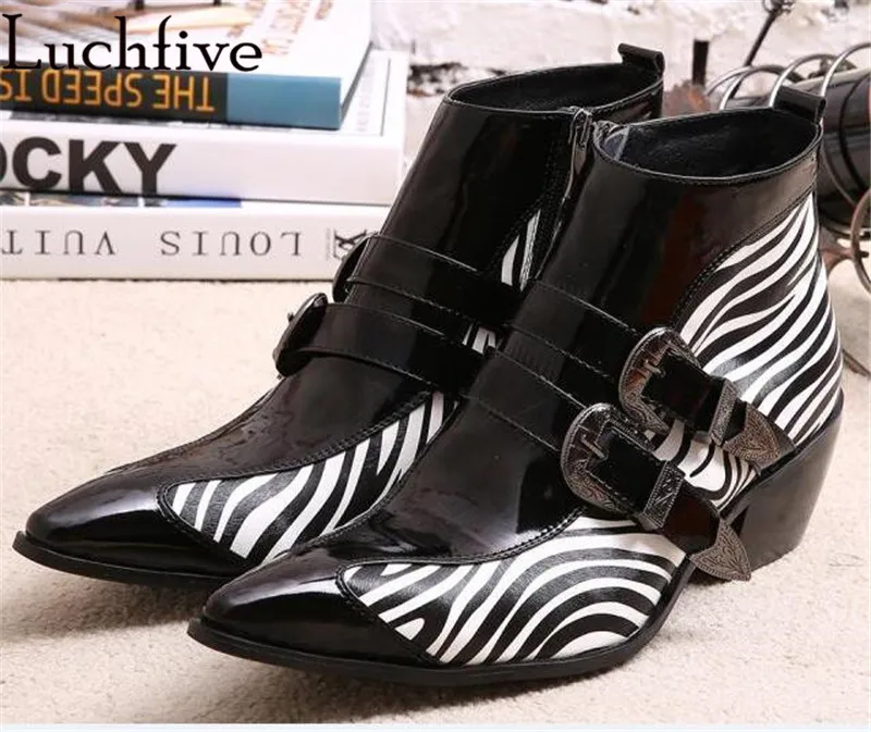 

2017 Winter Men Shoes leather Pointed Toe Buckle strap Men's Dress Boots zebra strip High heels zapatos hombre fetish shoes men