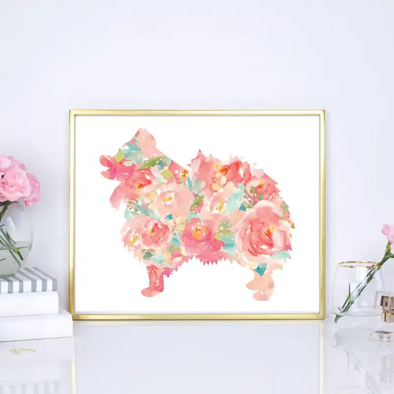 Pomeranian Kopek Suluboya Cicek Tuval Boyama Duvar Resmi Evcil