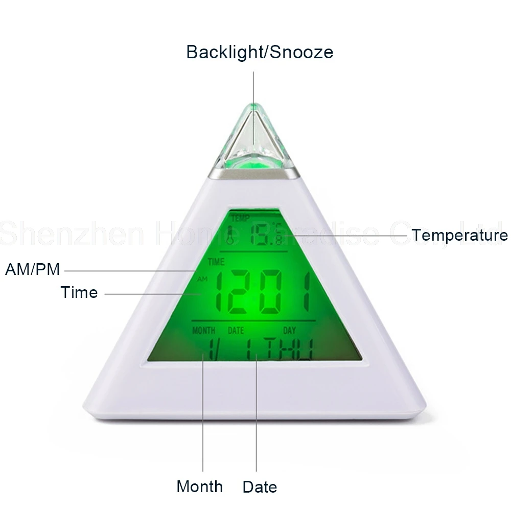 7-Цвет меняющийся светодиодный будильник Пирамида цифровой будильник часы с датой термометр ночной Светильник электронные настольные часы декор