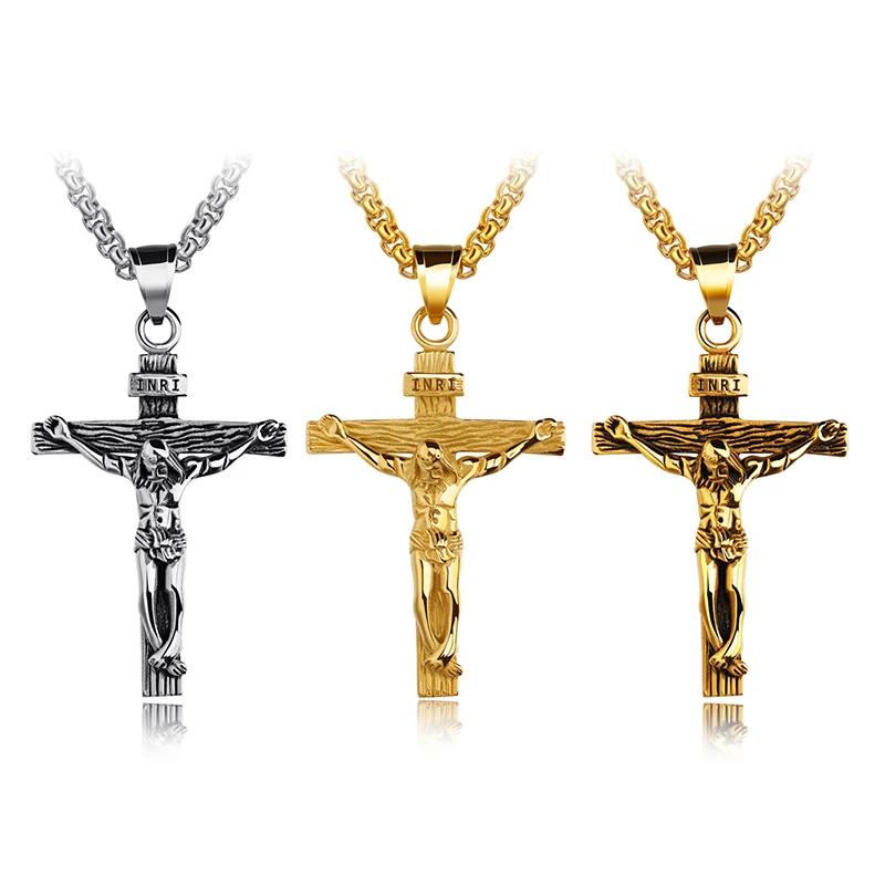 

3 Colors Cross Christ Jesus Pendant Necklace Stainless Steel Link 55cm Chain Men Jewelry Gift