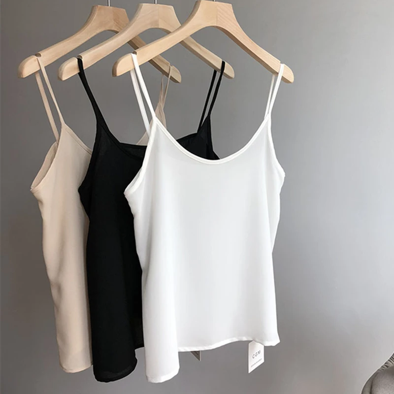 

2018 Summer Chiffon Cropped Tops Women Solid Sleeveless Tanks Tops Casual Sexy Crop Camis Tops Soft Camisoles 3 Colors