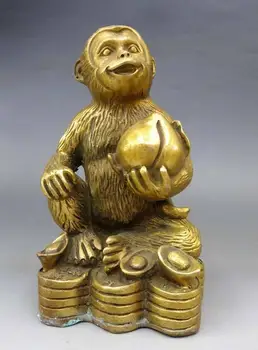 

China brass copper carved Feng Shui yuan bao Peach monkey Sculpture Statue