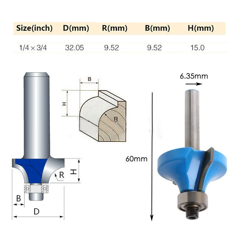1 шт. 3/" Радиус 1/4" хвостовик фрезы синий круглый над деревообрабатывающий Фрезерный резак режущий инструмент