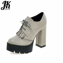 J&K 2017 Big Size 32-43 Women Pumps Lace Up Spring High Heels Shoes Women Platform Pumps Thick Heel Brogue Tassel Solid Shoes