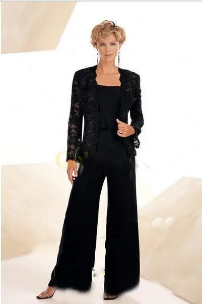 High Quality Three Piece Black Chiffon Mother Of The Bride Lace Dresses