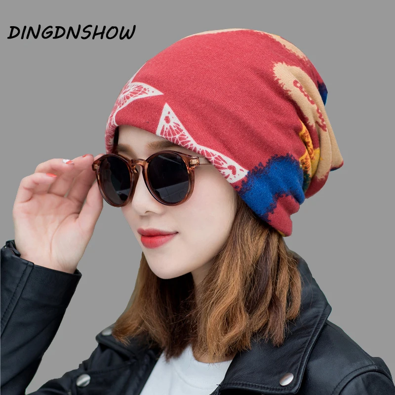 

[DINGDNSHOW] 2019 Brand Beanies Hat Cotton Lady Bonnet Hat Print Colors Velet Winter Cap Skullies for Women
