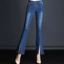 Новинка, женские эластичные джинсы с разрезом, OL, расклешенные джинсы, брюки