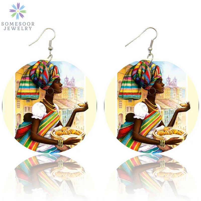 SOMESOOR Африка Племенной деревянные висячие серьги окрашенные ткань головная повязка женщина афро Художественный Черный Etnnic дерево ювелирные изделия для девушки леди