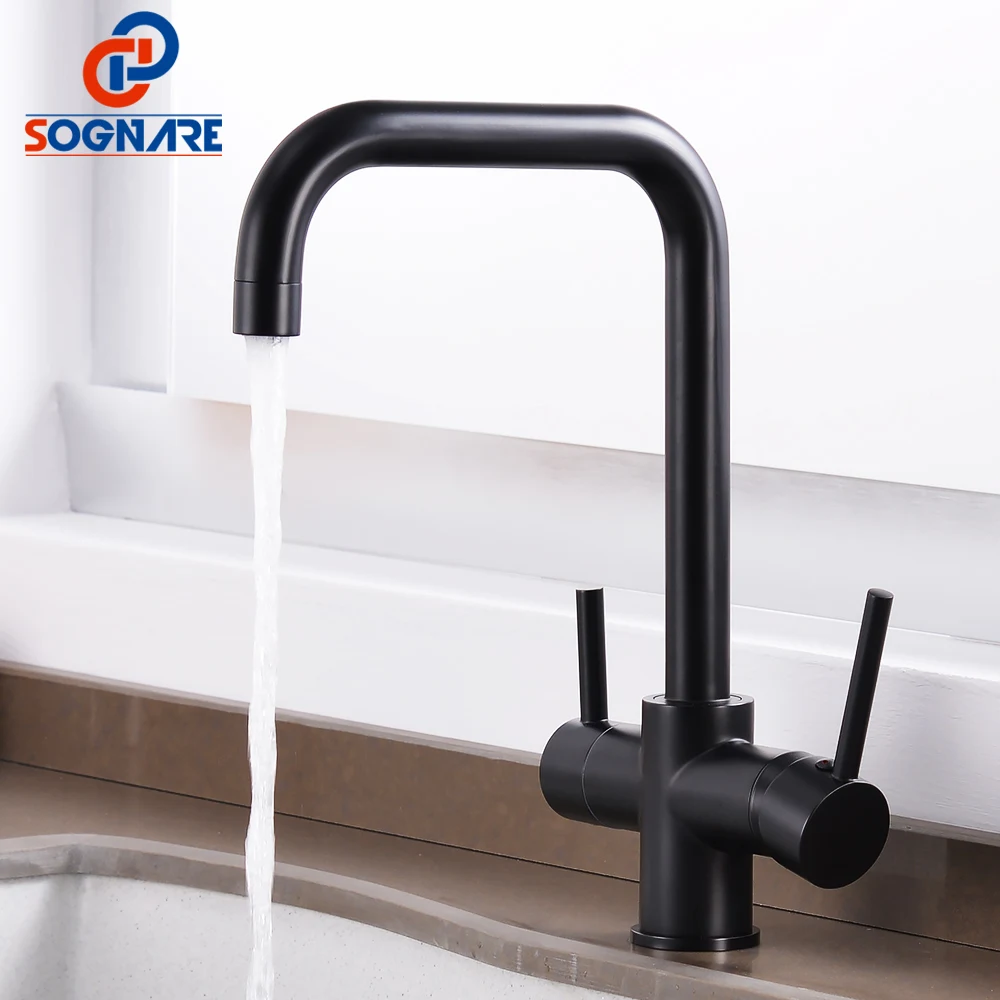 SOGNARE Black Kitchen Faucets Drinking Water Filter Faucet Dual Handle Hot Cold 3-way Filter Kitche