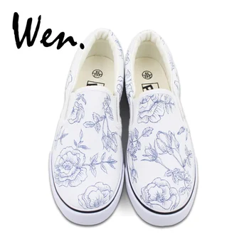 

Wen Women Slip-on Vulcanized Canvas Shoes Original Design Flower Plants Hand Painted Shoes White Platform Sneakers Low Flat