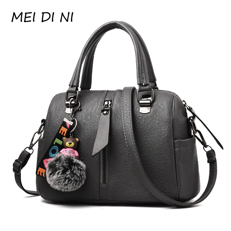 

MEI DI NI women fur ball ornaments totes zipper medium handbag hotsale shoulder messenger crossbody bags shoulder bag women
