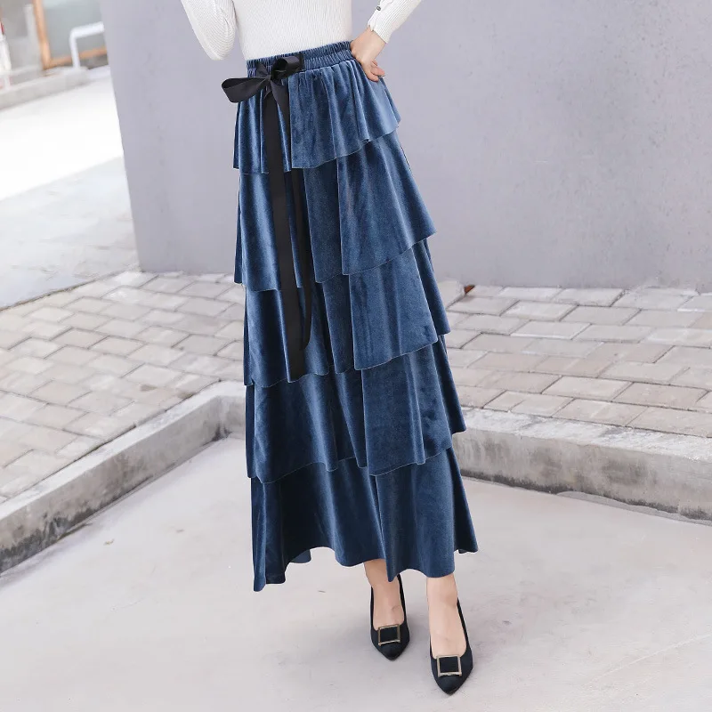 

Fashion Velvet Long Skirts For Women Spring Autumn Vintage Black High Waist Layered Pleated Skirts faldas spodnica saia lon