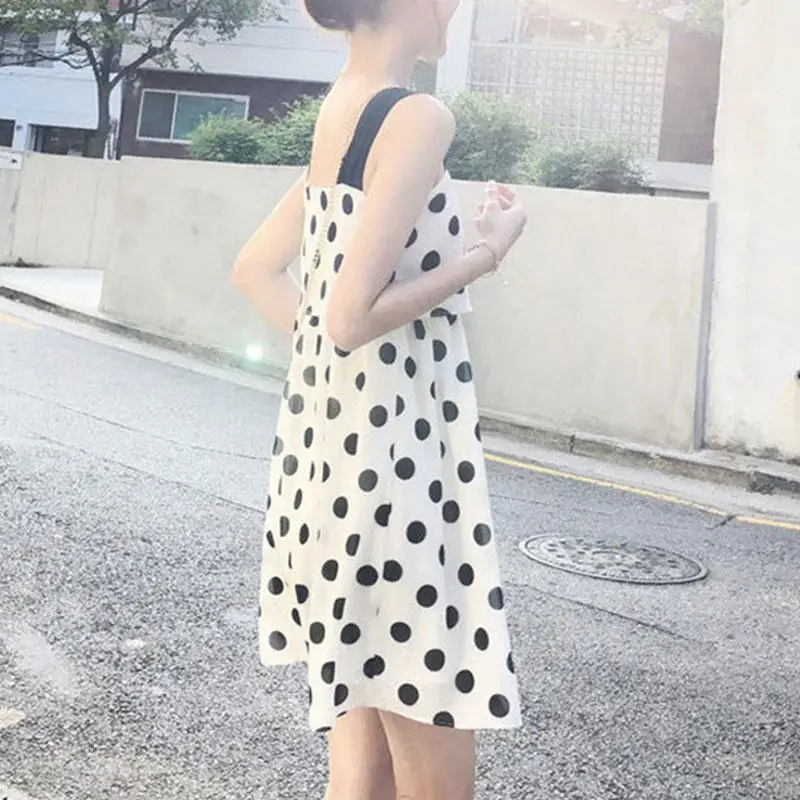 

MISSKY Women Summer Dress Beach Vacation Wave Point Printing A Line Sleeveless Loose Sweet Sling Dress Female Clothes