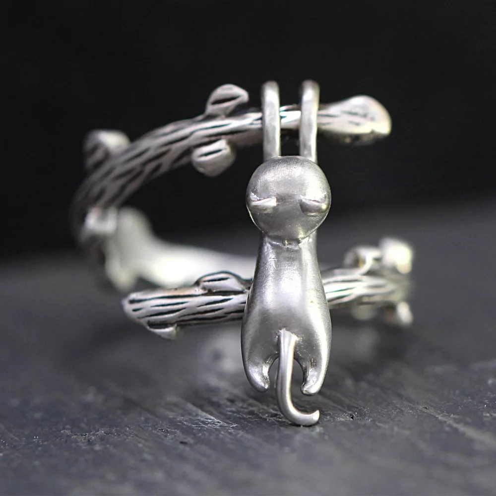 Милое женское кольцо в стиле бохо с маленьким котом, Мода 925, серебряное открытое обручальное кольцо, винтажные обручальные кольца для женщин, подарки на день Святого Валентина