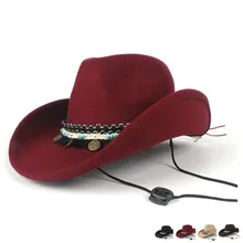 Женская кисточка из шерсти полый западная ковбойская шляпа Roll-up Brim Lady Outblack Sombrero Hombre джаз шляпа ветер веревка размер 56-58 см