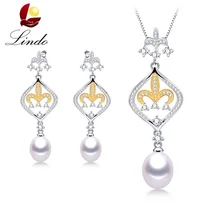Винтаж цвета подлинного серебра с S925 вечерние комплекты украшений для женщин 5A с высокой степенью блеска, настоящий природный жемчуг серьги+ кулон Новое поступление Lindo