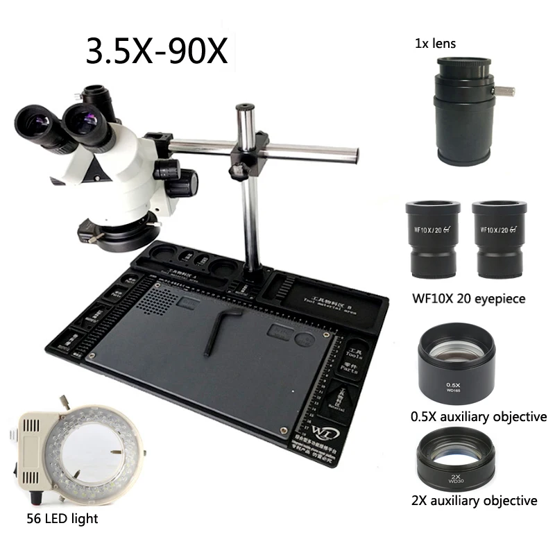 

7X-45X / 3.5X-90X vertical bracket trinocular stereo microscope + metal repair platform, suitable for repairing mobile phone PCB