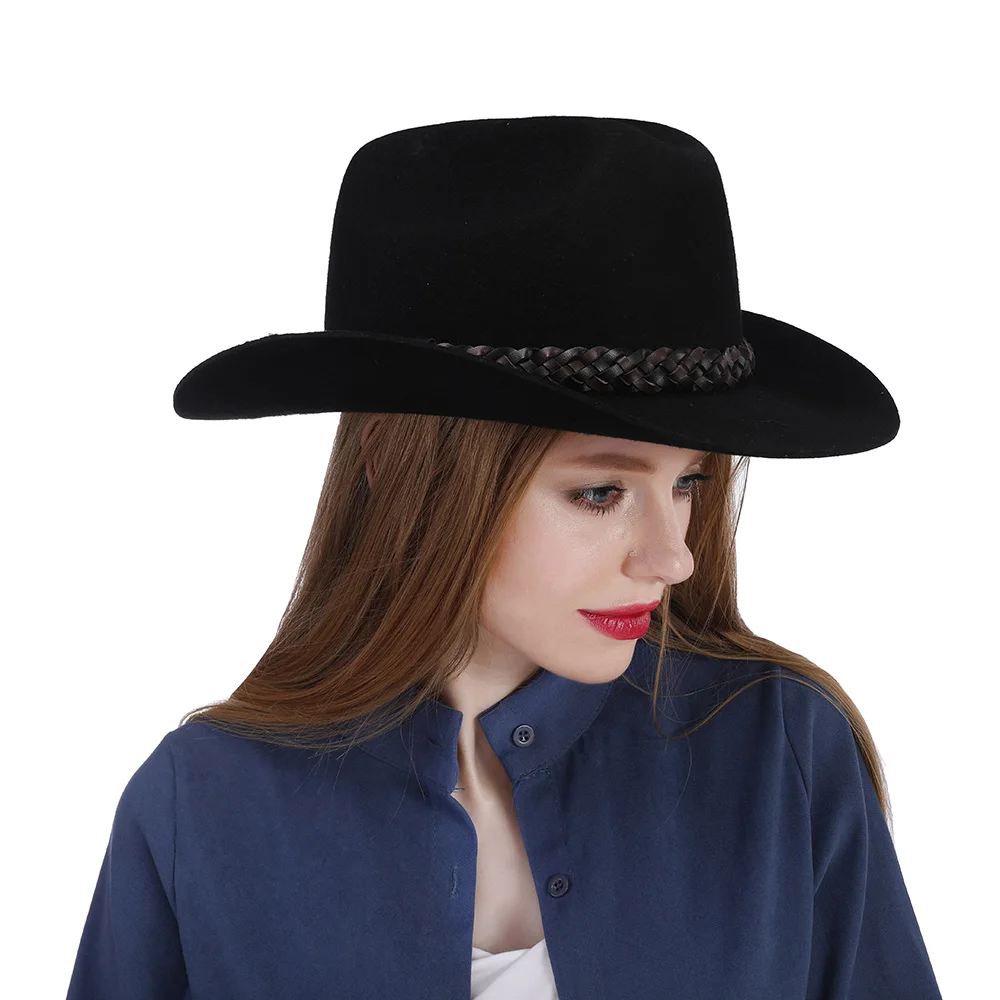 Wool Black Women Western Cowboy Hat For Autumn Lady Roll Up Brim Sombrero Cap With Fashion Leather Belt Size 57-58CM
