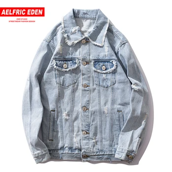 

Aelfric Eden Hi-street Multi Pockets Letter Printed Jeans Jackets Mens Harajuku Hip Hip Frayed Baseball Casual Coats Streetwear