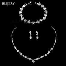 BLIJERY Fashion Crystal Bridal Jewelry Sets Silver Color Geometric Choker Necklace Earrings Bracelet Wedding Jewelry Sets