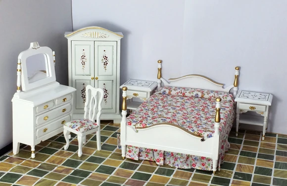 A01-X227 الأطفال طفل هدية لعبة 1:12 دمية مصغرة الأثاث مصغرة rement الأوروبي نمط نوم مجموعة الأبيض