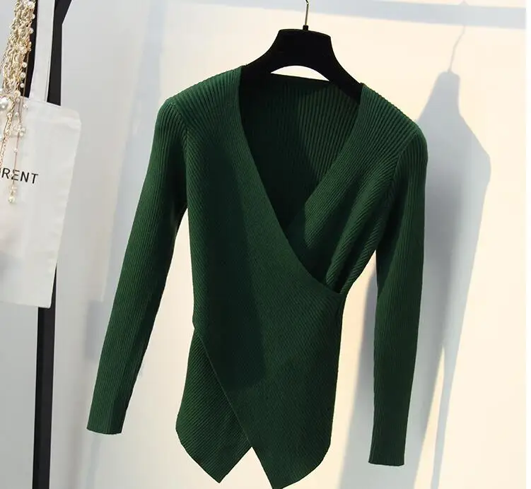 Женский тонкий сексуальный вязаный свитер с v-образным вырезом, корейский модный однотонный элегантный вязаный джемпер - Цвет: Зеленый