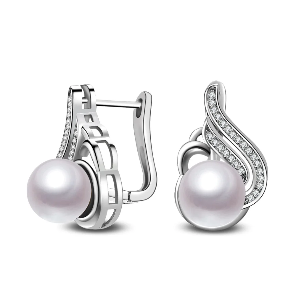 

Fashion 10mm Pearl Stud Earring Angel Wings Design Cz Zircon Earring For Women 925 Silver Ear Jewelry