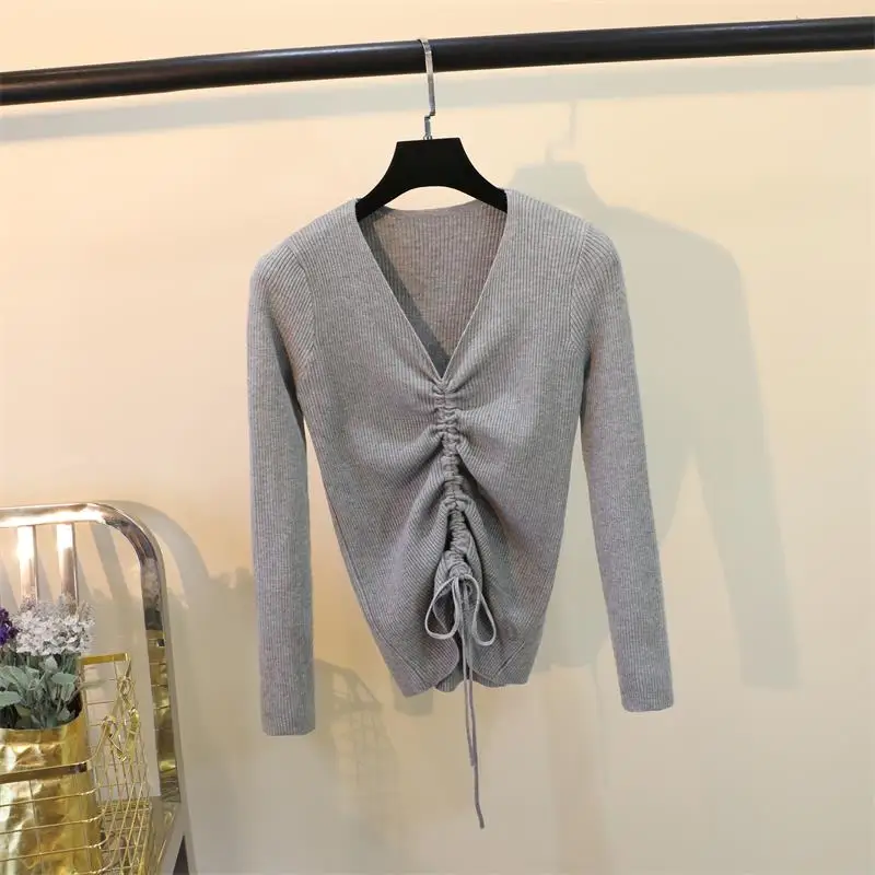 Casual Lace Up Knitted Sweater Women Skinny Slim Knitting Pull Femme Jumper Crop Top Winter Sweater Tricot Pullover Candy Colors (20)