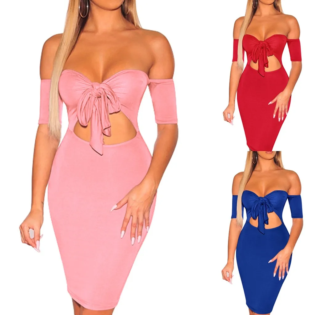 Summer Dress Sexy Womens Deep V-Neck Bodycon Short Sleeve Slim Dress Summer Sexy Off Shoulde Cocktail Party Dress Vestidos