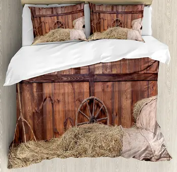 

Barn Wood Wagon Wheel Duvet Cover Set Rural Old Horse Stable Barn Interior Hay and Wood Planks Image Print Bedding Set