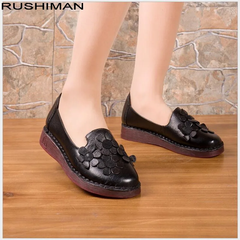 

Spring autumn new retro handmade ethnic style Genuine Leather flat shoes flowers Cow Muscle bottom flat comfortable mother shoes