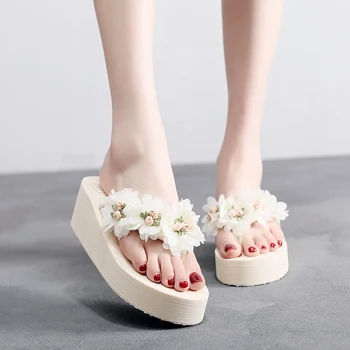 

High Heel Slippers Cloth With Flower Women Sandals Ladies Summer Fresh Flip Flops Wedge Beach Waterproof Slippers for Woman