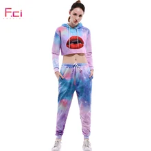 3D Printed Women Sexy Lip Crop Top Hoodie Set with Sweatpants Pullover Crop Sweatshirts Set Oversized Crop Hoodie Set contrast camo raw hem crop hoodie