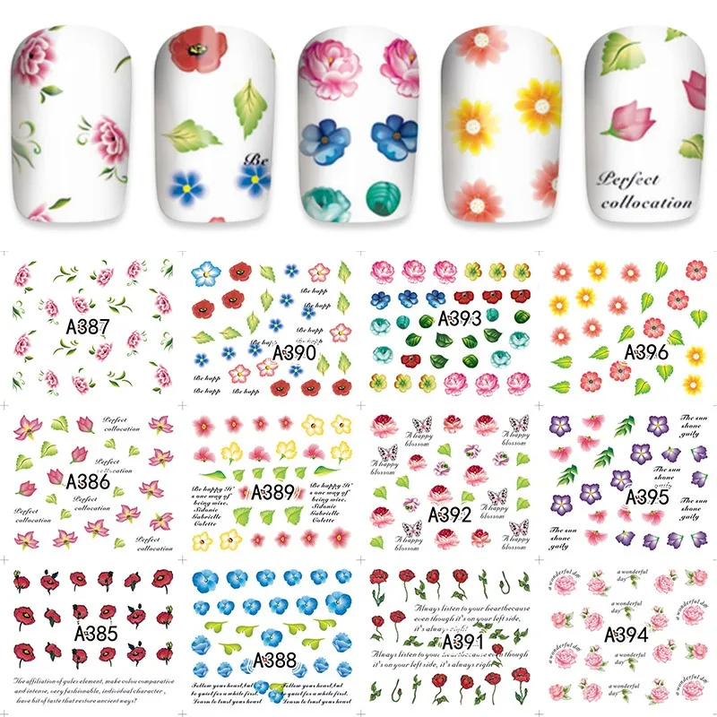12 sheets water decal nail art decorations nail sticker tattoo full ...