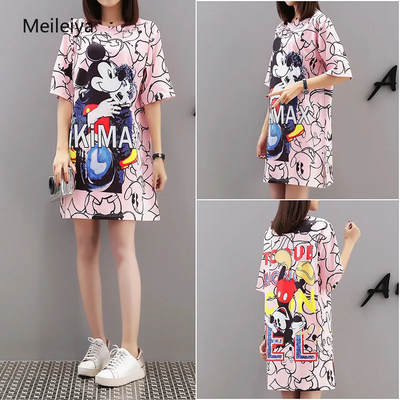 

Women's Mickey Cartoon Loose Dress 2019 Summer Cartoon Print Short Sleeve Bottoming Shirt Loose Female Dress