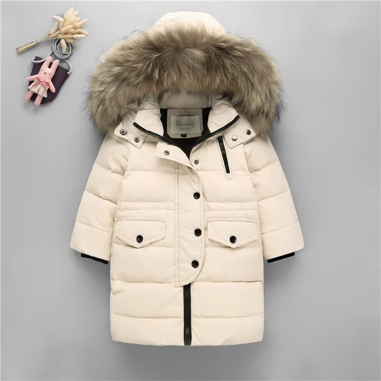 Новая Детская школьная куртка для мальчиков и девочек пуховое Детское лыжное пальто с капюшоном и натуральным мехом утепленная куртка для русской зимы - Цвет: Бежевый