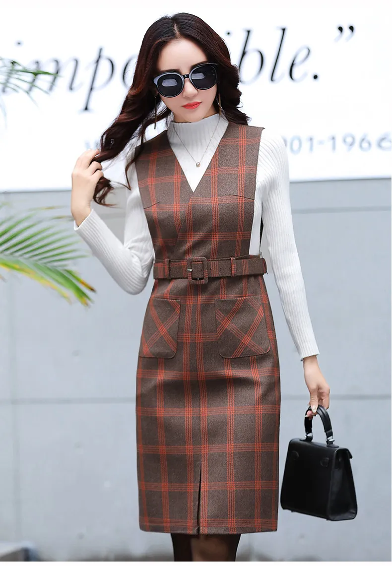 Casual Dress Suits Elegant Office Women Knitted Tops Dresses Suit 2 Piece Set knitting Tops+Vest Woolens Dresses Plus Size Set