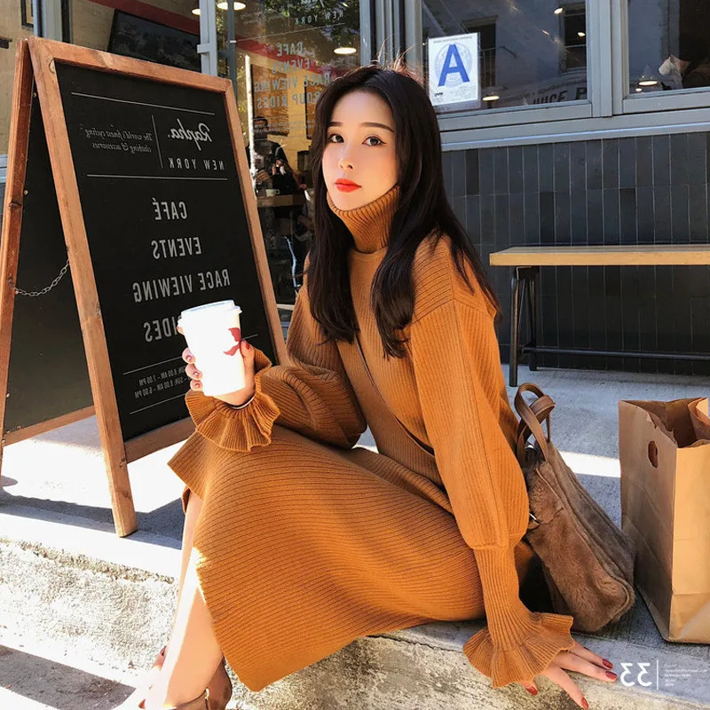 

Autumn Winter Women Long Turtleneck Sweater Dress Warm Thick Knitted Dresses Female Flare Sleeve Bottoming Dress Vestidos A1153