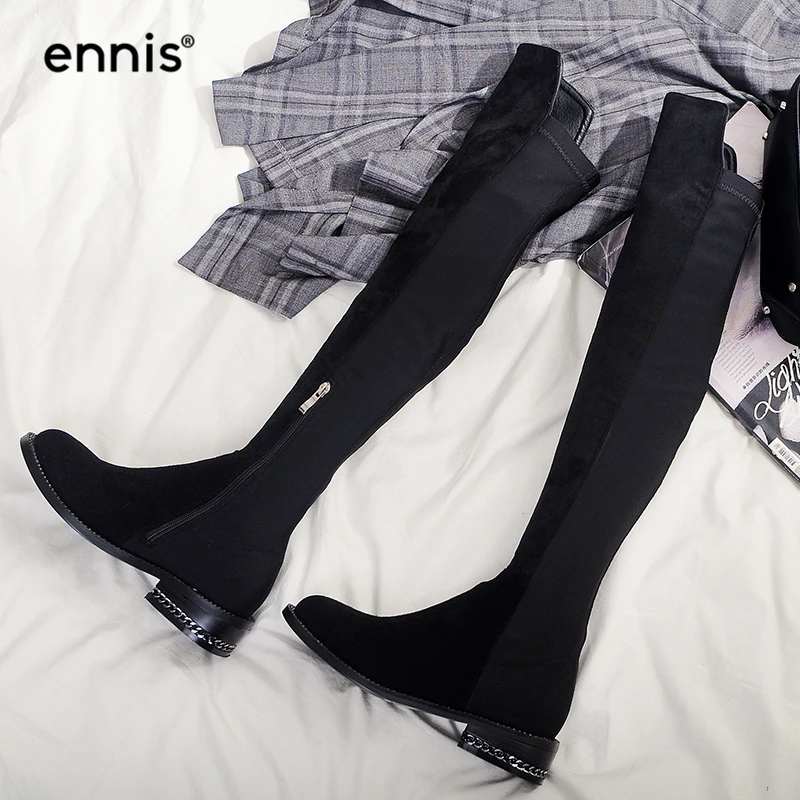 ENNIS/брендовые черные ботфорты выше колена; женские эластичные сапоги до бедра на квадратном каблуке; осенне-зимняя обувь из натуральной кожи; большие размеры; L759