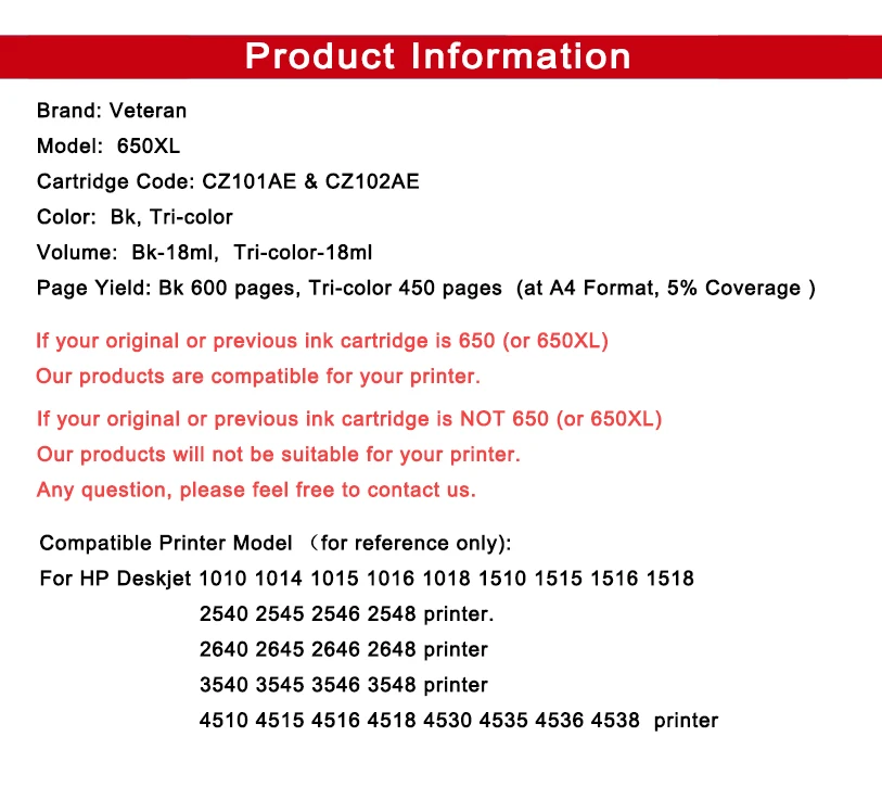 Ветеран восстановленные 650XL Замена чернильных картриджей для hp 650 hp 650 xl черный с чернилами hp Deskjet 2545 2645 3515 4645 1015 1515 2515