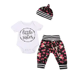 Для маленьких девочек 3 шт. Little Sister Костюмы милый комплект для малышей младенцев Обувь для девочек цветочный боди + длинные штаны + шляпа