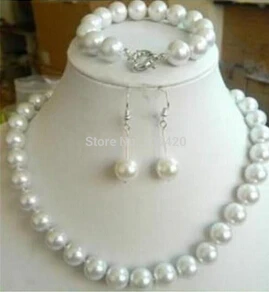 

hot sell >>>>10mm White Sea South Shell Pearl Necklace Bracelets Earrings Set