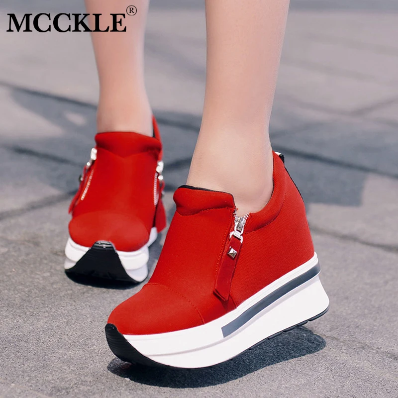 

MCCKLE Flat Platform Women Casual Shoes Spring Female Zipper Creepers Canvas Sneaker Ladies 2019 New Fashion Comfortable
