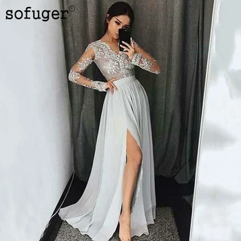 

Sexy Long Sleeves V-Neck Prom Dress Grace Side Split Silver Lace Applique Long Prom Dresses Formal Party Gown Plus Size