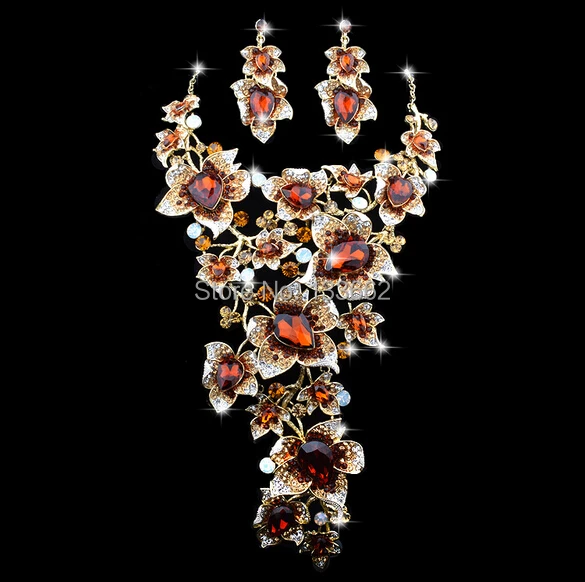 Роскошное массивное ожерелье, серьги, набор, элегантный цветочный дизайн, коричневый цвет, стразы, свадебные, модные, вечерние, ювелирный на... Роскошное массивное ожерелье, серьги, набор, элегантный цветочный дизайн, коричневый цвет, стразы, свадебные, модные, вечерние, ювелирный на...