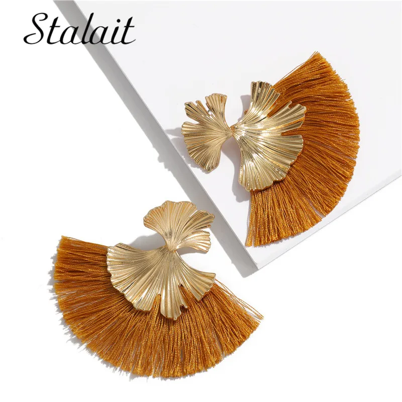 

Fashion Irregular Leaves Tassel Earrings Big Sector Gold Color Ribbon Drop Earrings For Women Pendientes Mujer