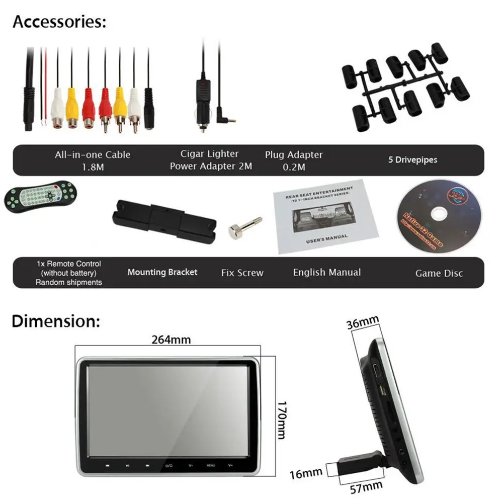 10.1'' HD Car Headrest Monitor DVD Player Kit USB